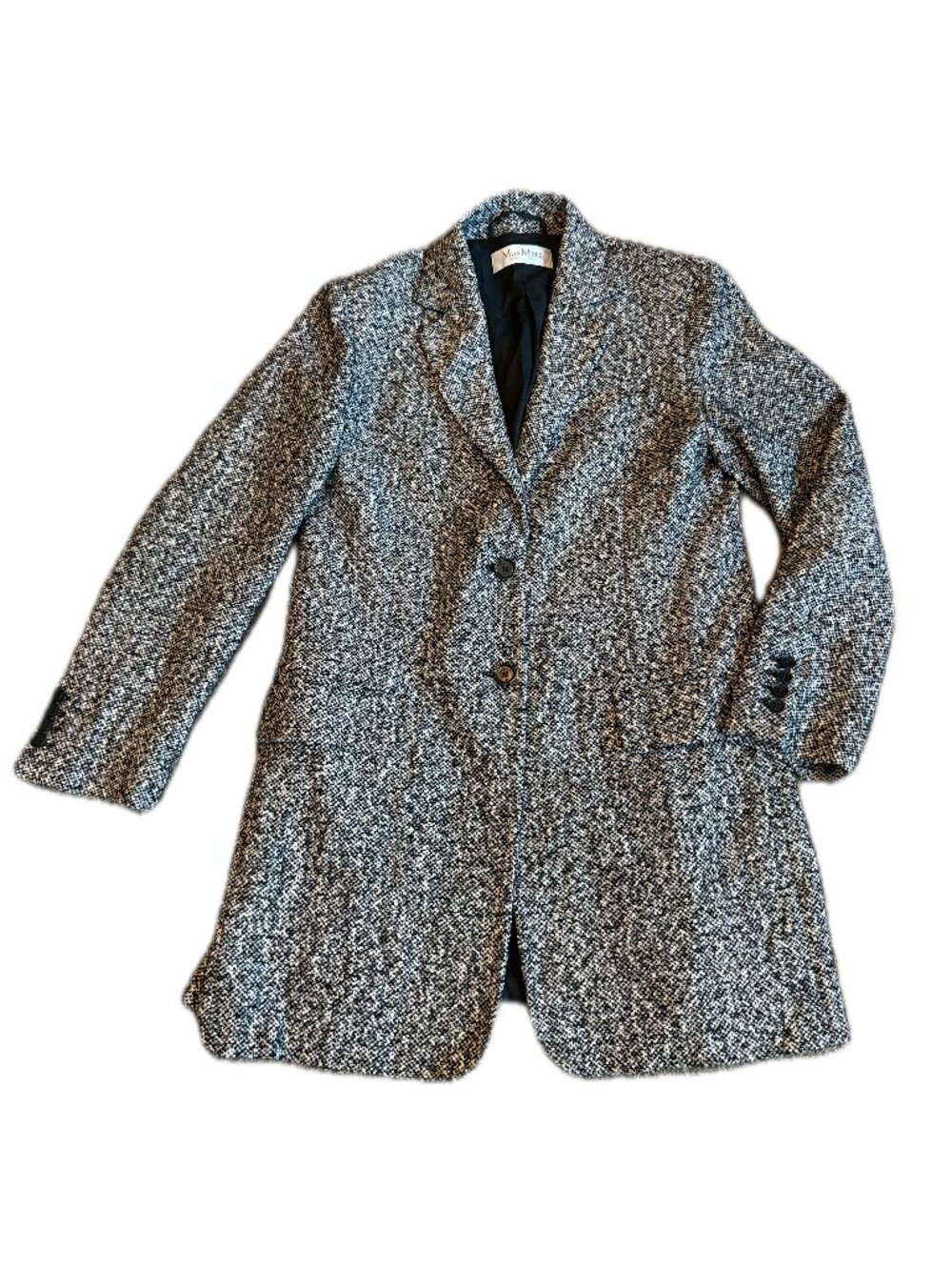 MaxMara Black White Tweed Swing Coat Notch Jacket Wool Winter Size 10 Women's